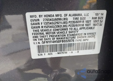 2015 Honda Pilot Ex-L from USA, damaged, VIN 5FNYF4H50FB032076
